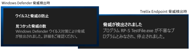 統一された通知画面 Windows Defender 脅威検出時、Trellix Endpoint 脅威検出時